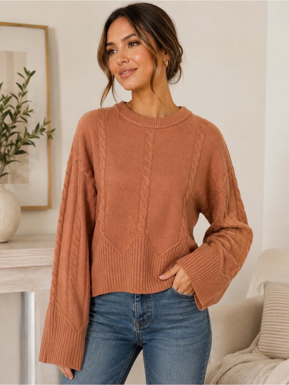 Marled XS NWT Cable Knit Bell Sleeve Sweater | Soft Mauve Blush Pullover